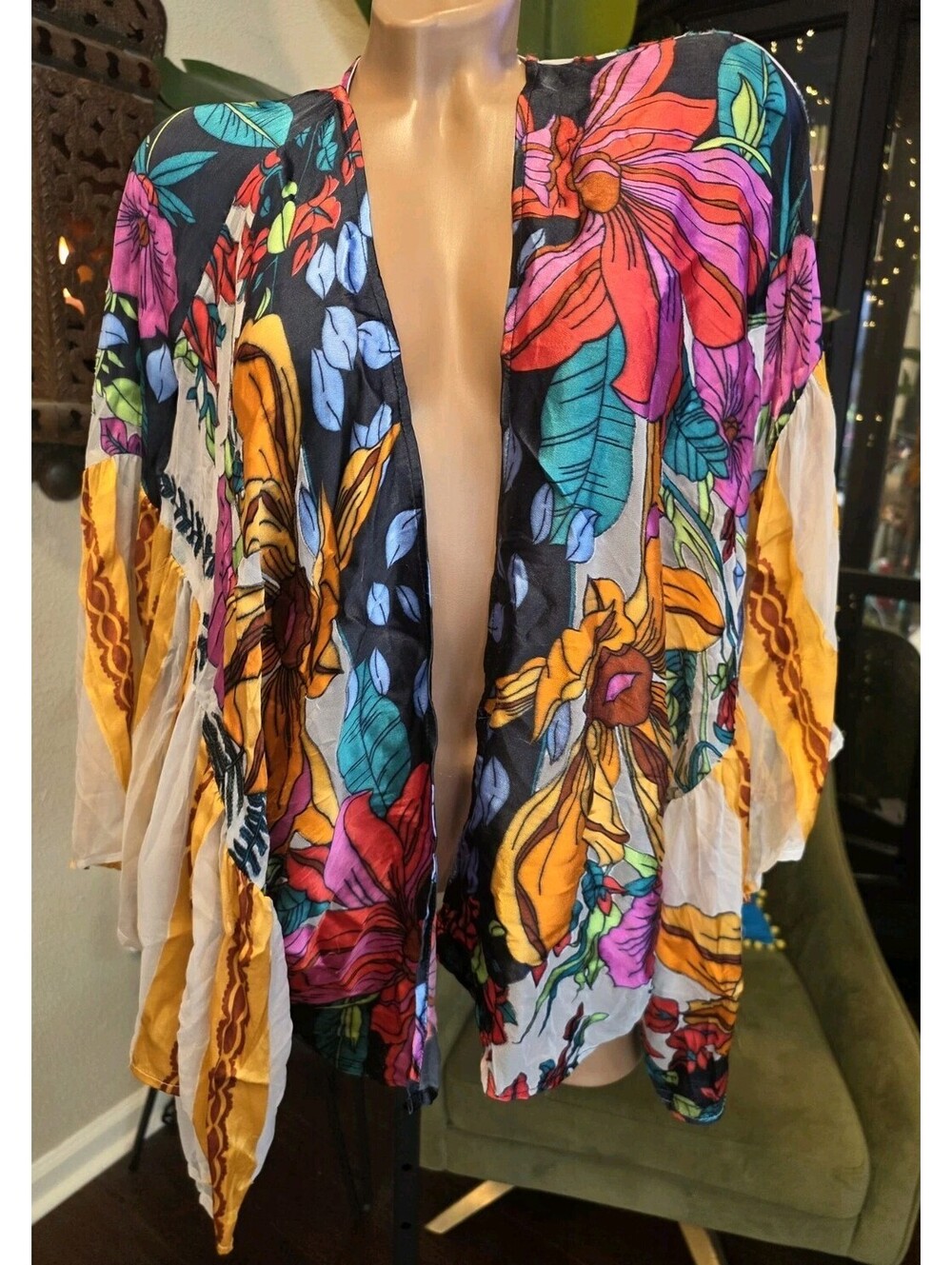 Anis.A Floral Kimono Wrap Cardigan Cover Up S/M Velvet Burnout Rayon Blend EUC